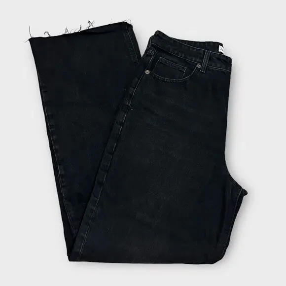 Zara Black High Waisted Hi Rise Raw Hem Straight Leg Casual Denim Jeans Pants - Picture 1 of 6